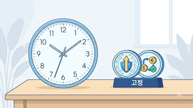 벽시계와 디지털 코인 모양 토큰 두 개